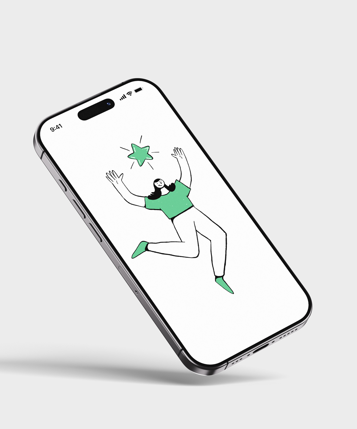 Dans un téléphone on voit une illustration en noir blanc et vert d'un personnage qui saute avec une étoile entre les mains