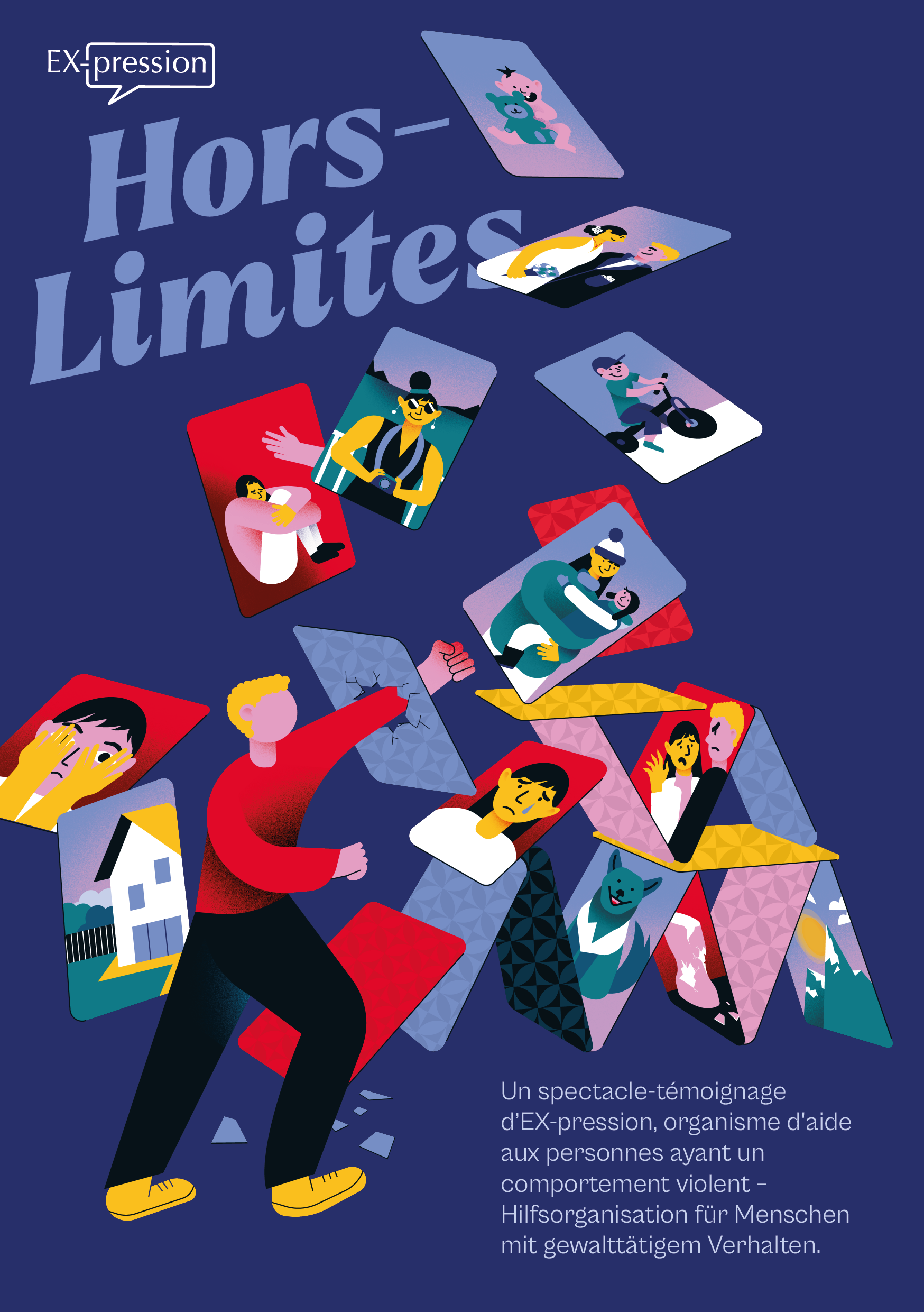 Affiche illustrée de la pièce de théâtre "Hors limite" où l'on voit un personnage qui donne un coup de poing dans un château de cartes et qui le détruit