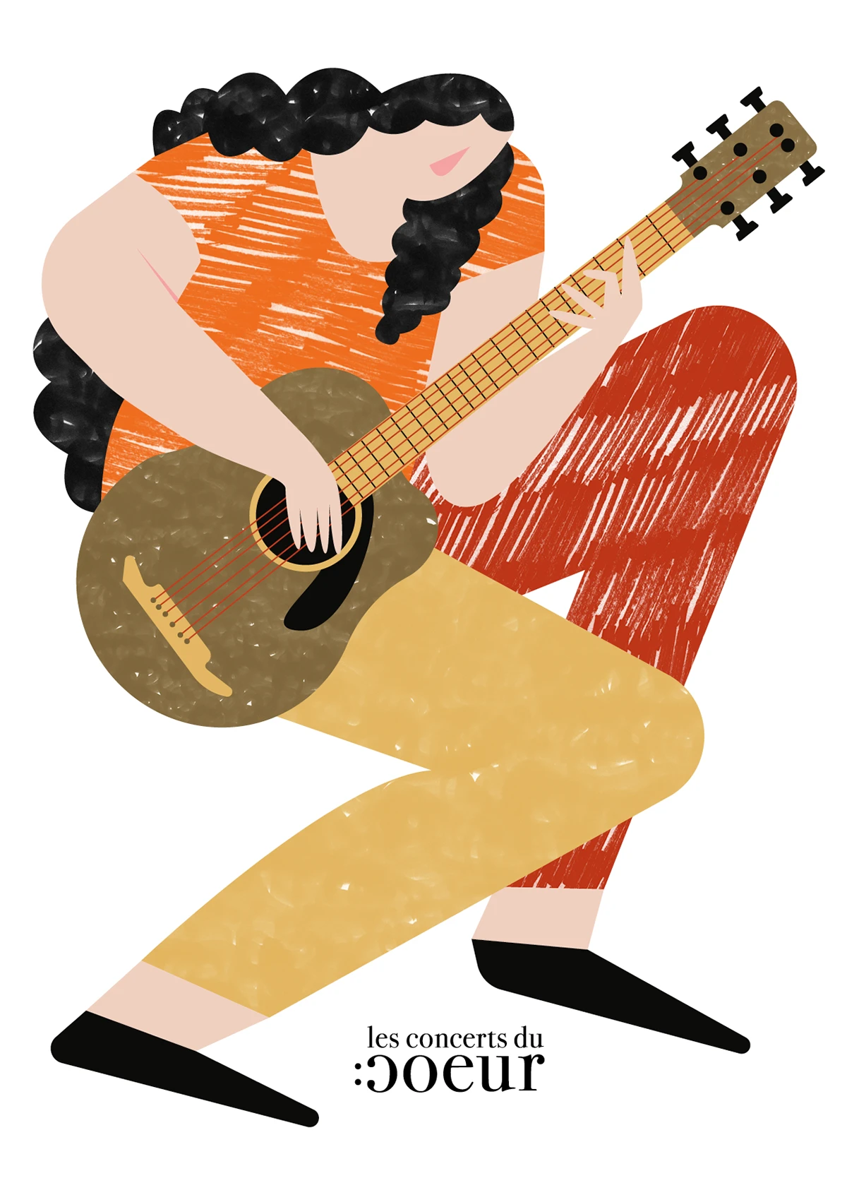 Illustration d'un guitariste habillé de couleurs oranges avec des long cheveux noirs