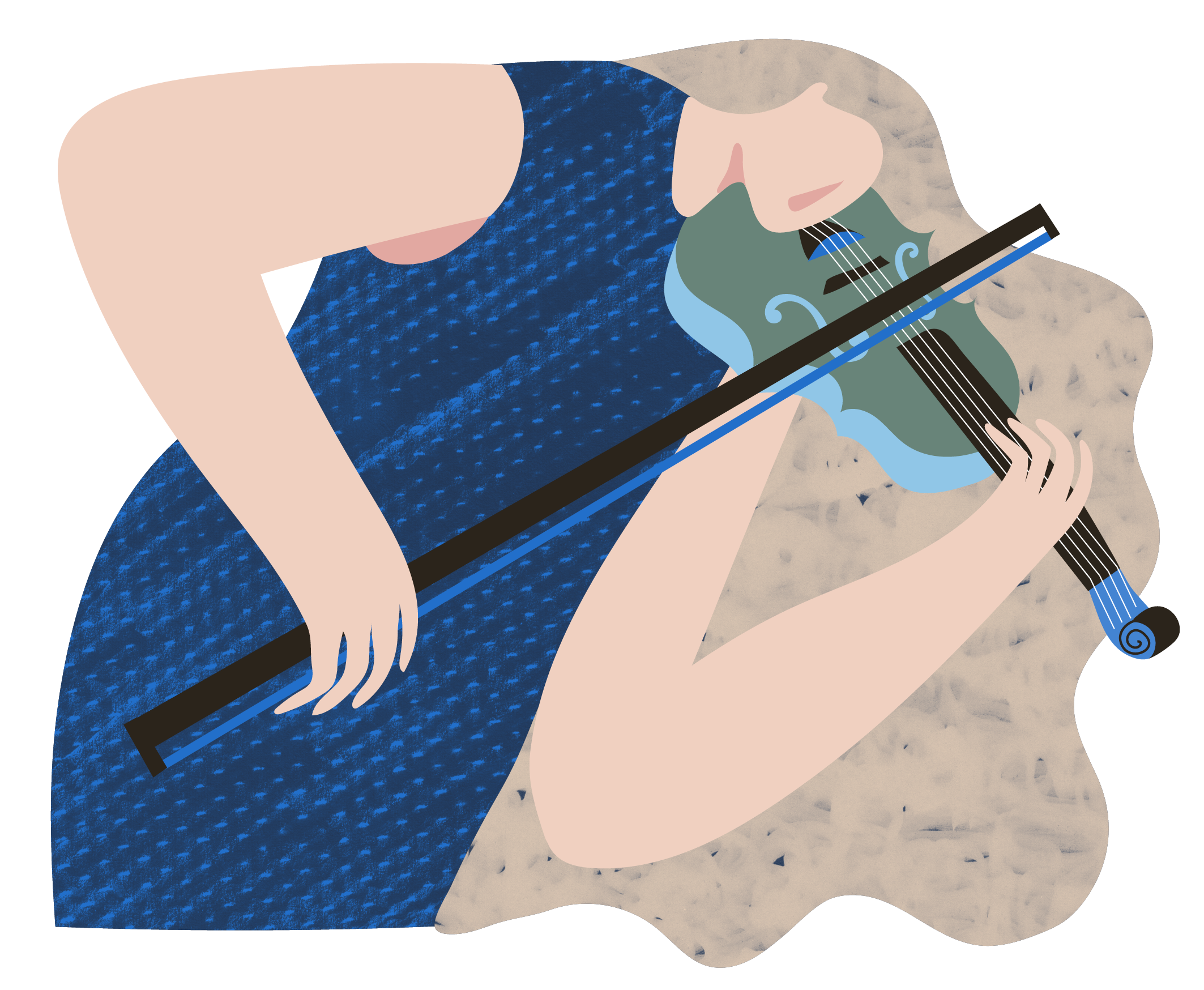 Illustration d'une violoniste habillée d'une robe bleue texturée.