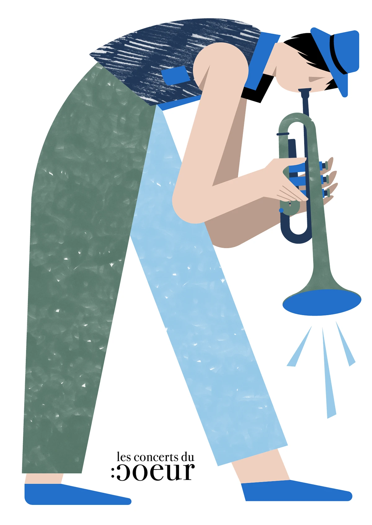 Illustration d'un trompetiste debout habillé de couleurs bleu et vert clair