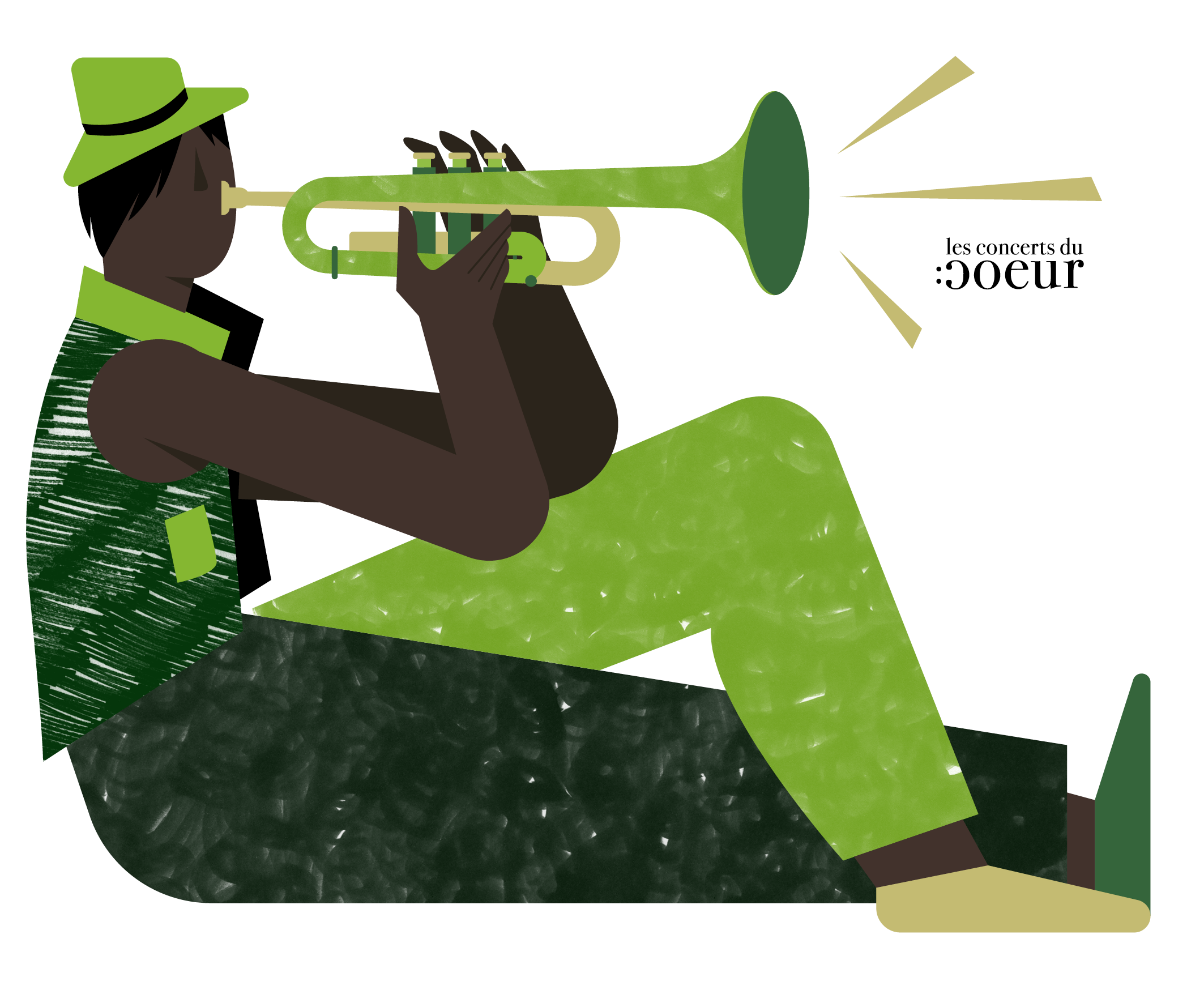 Illustration d'un trompettiste habillé de couleur vertes et avec un chapeau vert.