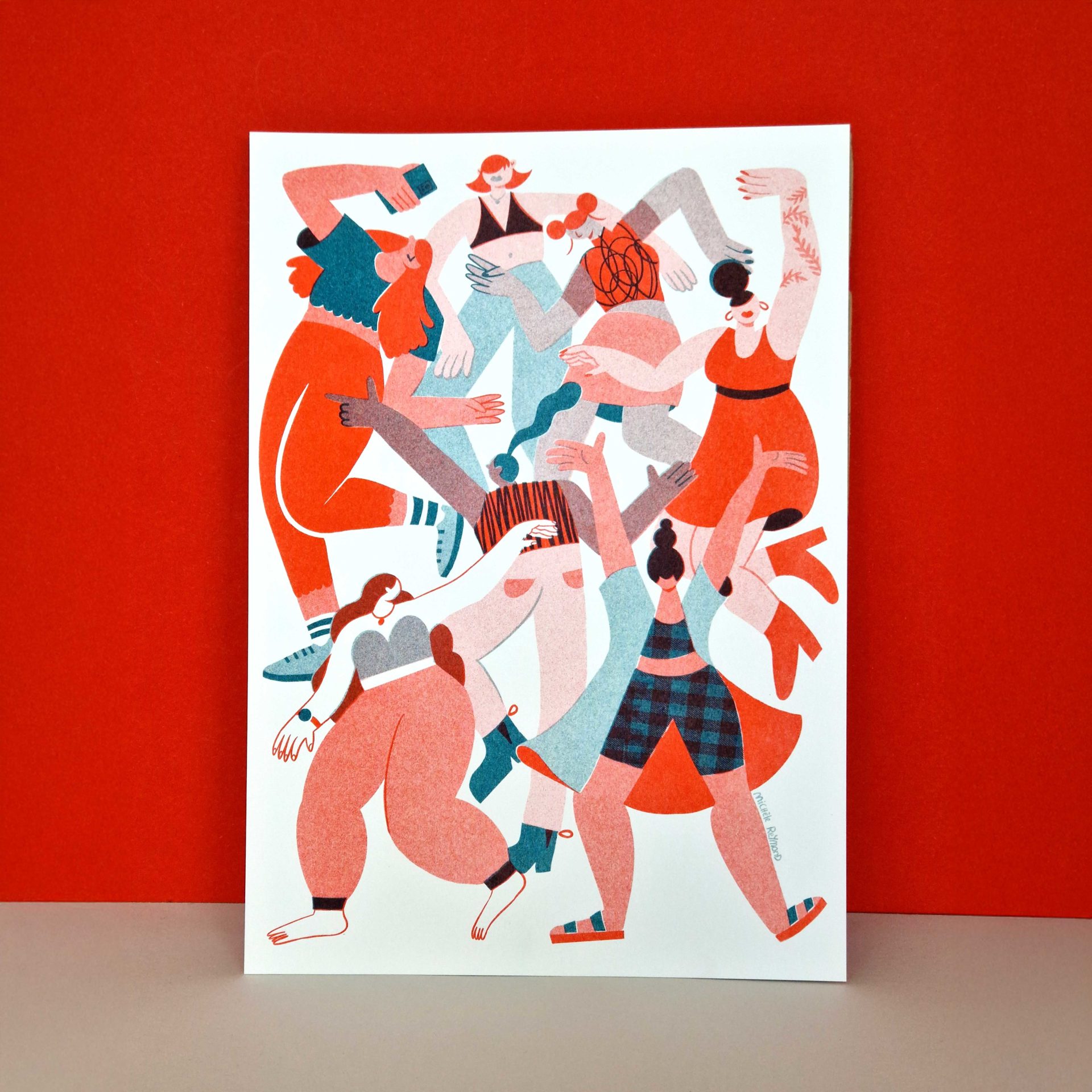 Affiche illustrée en risographie où on voit plusieurs personnages en tain de danser