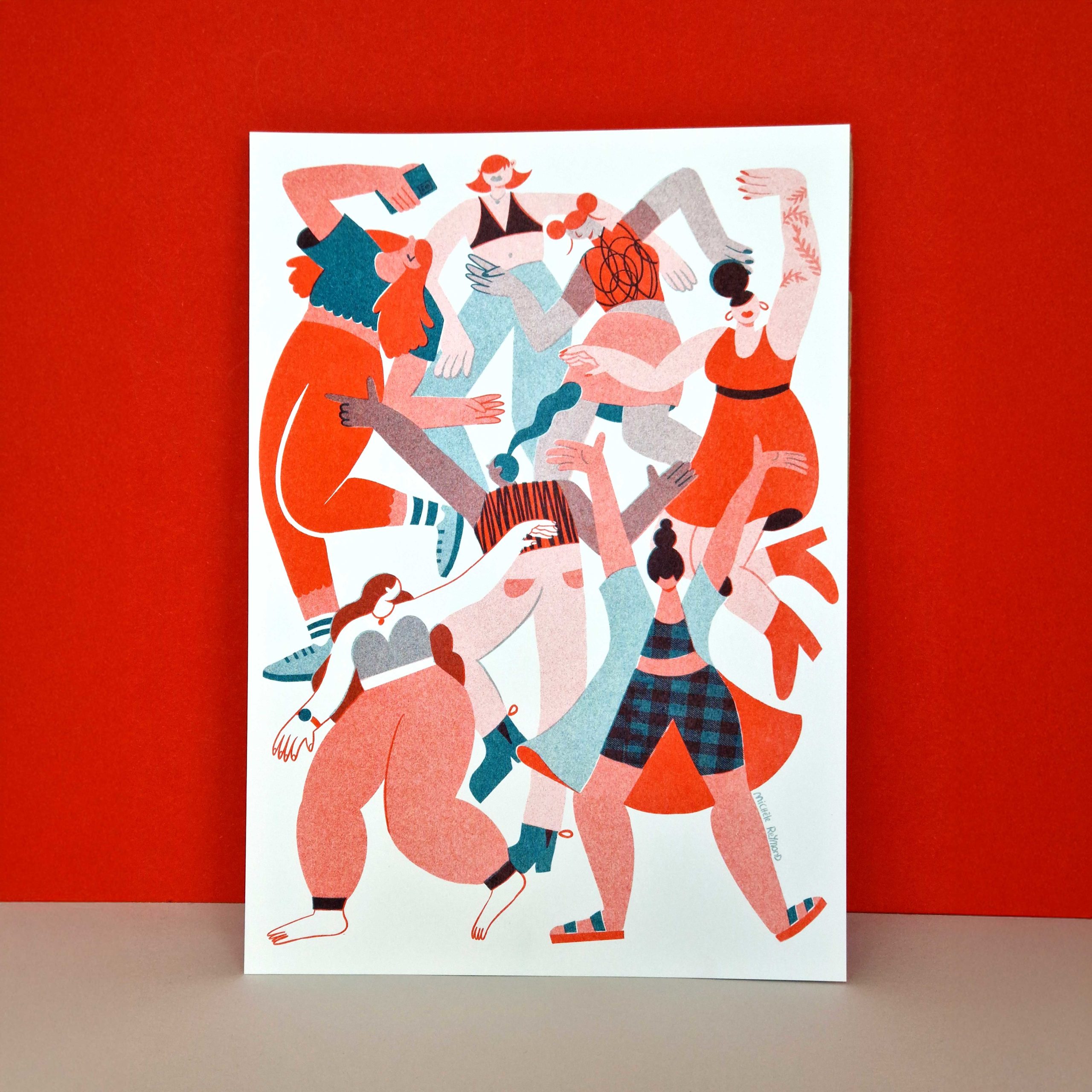 Affiche illustrée en risographie où on voit plusieurs personnages en tain de danser