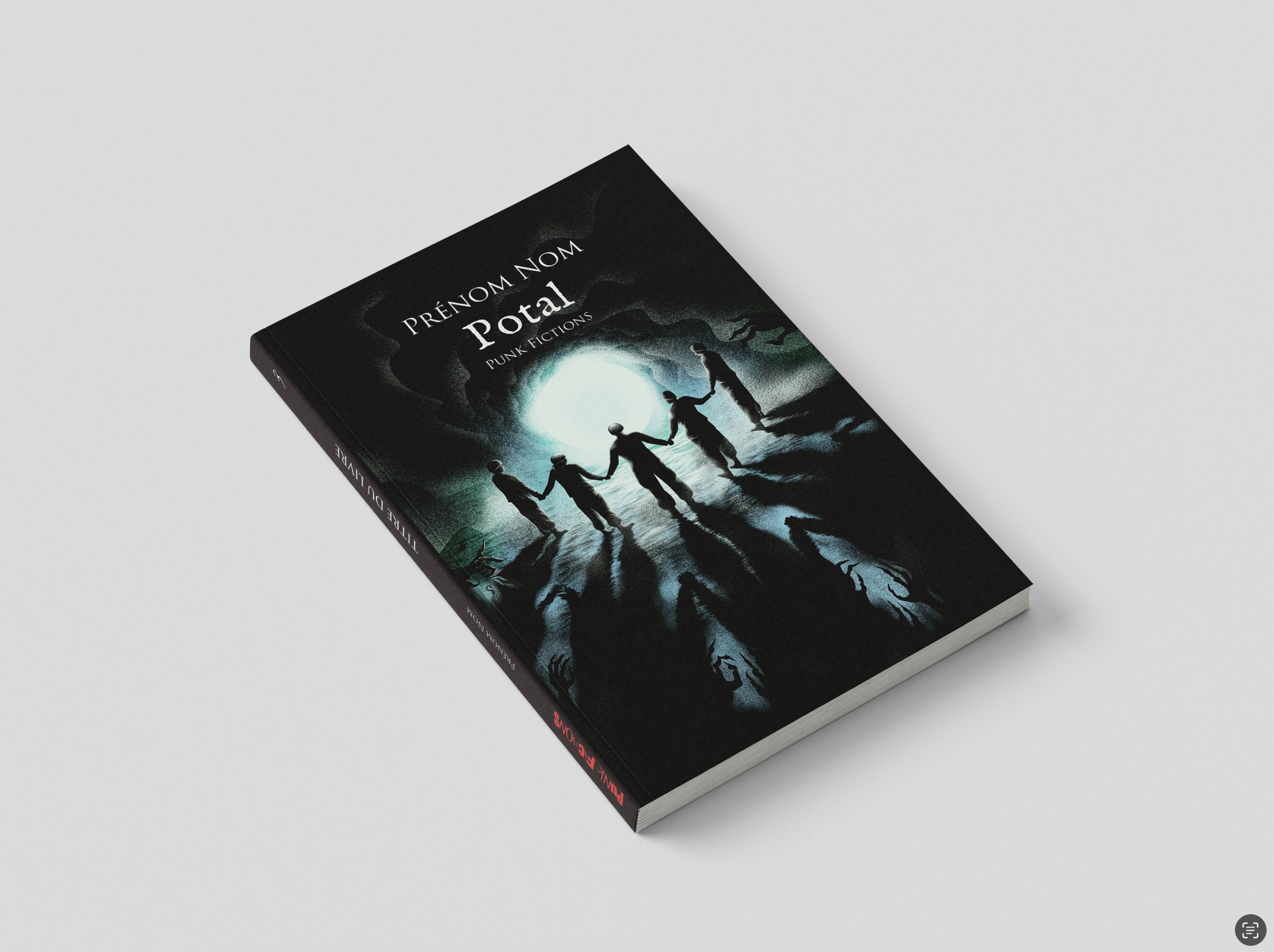 Mockup d'un livre donc le titre est "Portal" et dont la couverture représente 5 personnages se tenant la main devant un portail lumineux et entouré d'ombres inquiétantes