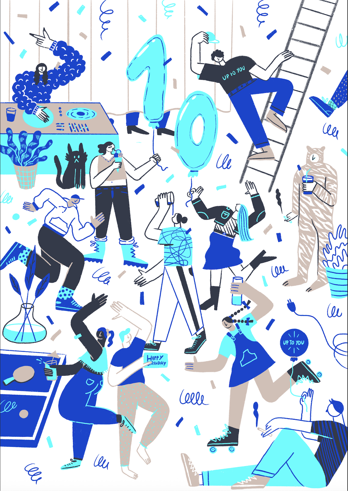 Illustration de personnages qui font la fête pour l'anniversaire des 10 ans de Up to you.