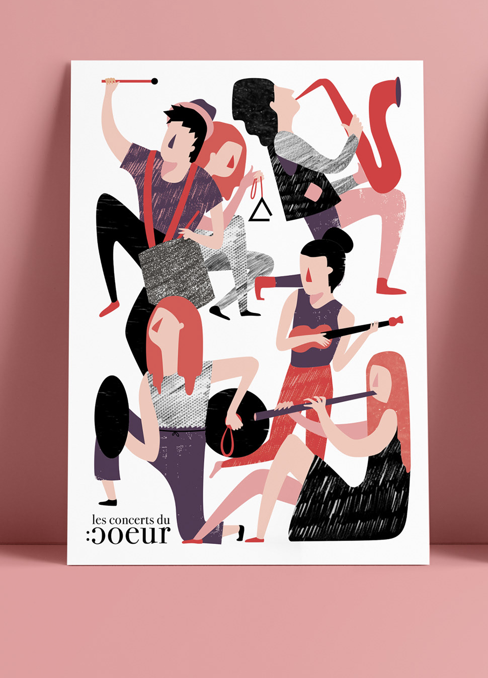 Carte postale A6 illustrée pour les Concerts du coeur Valaisans. On y voit des personnages qui joue des instruments