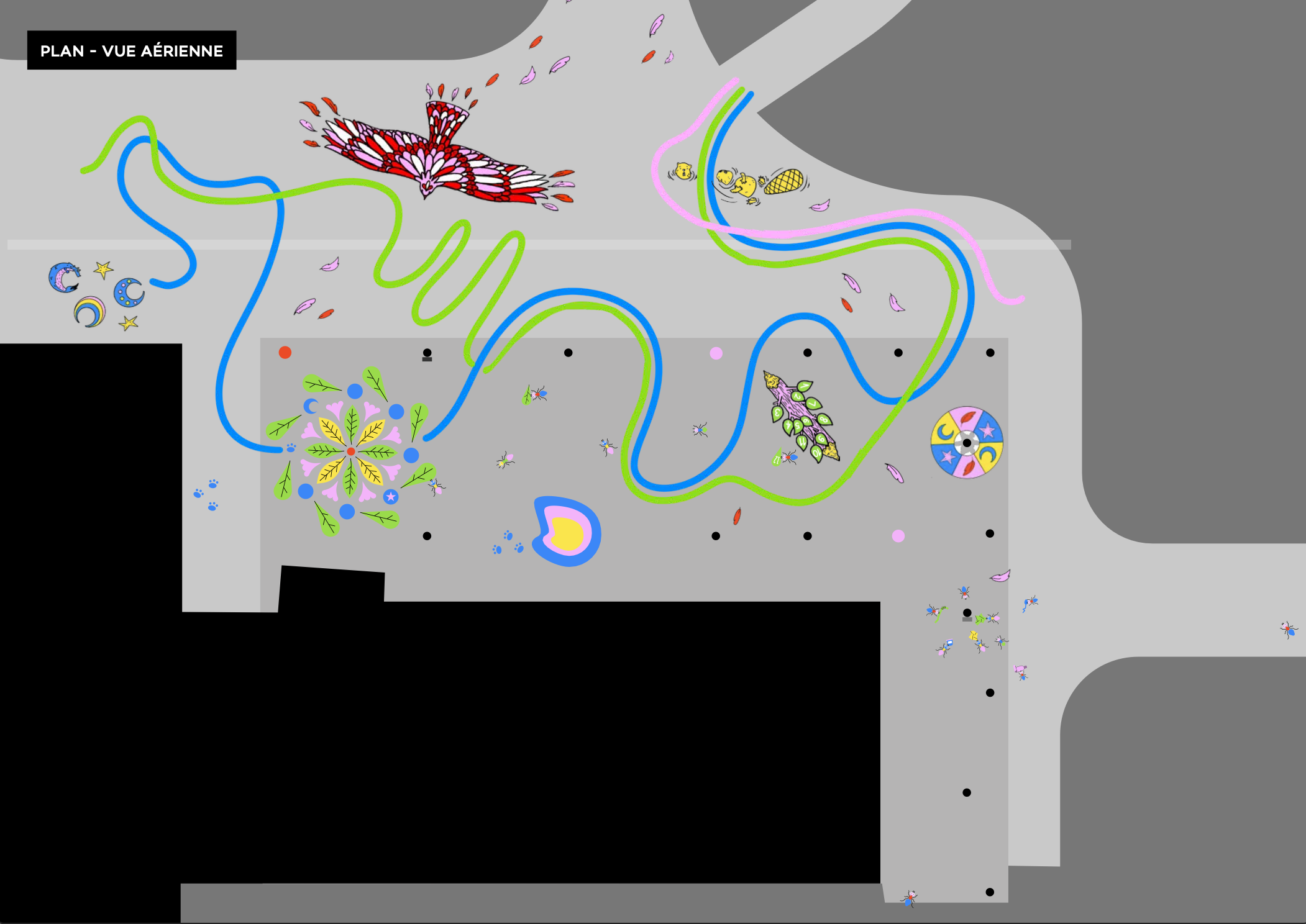 Croquis de la fresque scolaire à l'école de Posieux. Plan de la cour de récré où on peut voir les dessin des artistes.