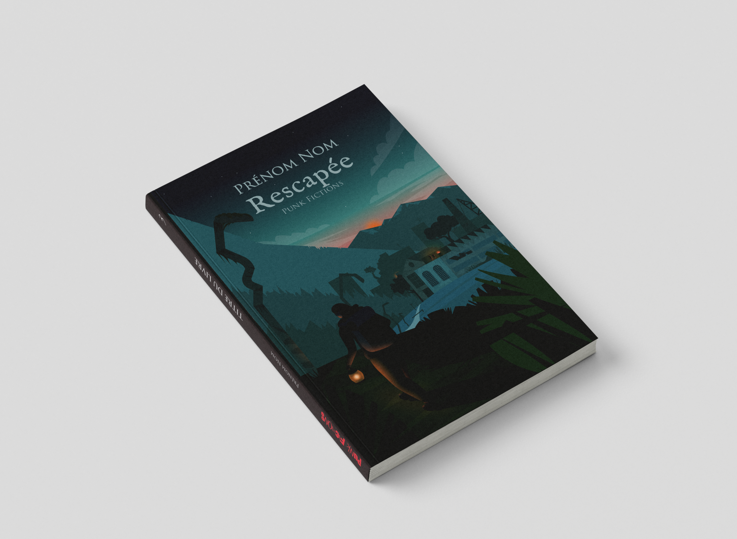 Une vue en perspective d'un livre broché intitulé "Rescapée - Punk Fictions". L'illustration de couverture montre une silhouette sombre vue de dos, tenant une lanterne éclairée dans un paysage nocturne. En arrière-plan, on aperçoit des montagnes sous un ciel crépusculaire vert et orange, ainsi que les vestiges d'une structure industrielle ou d'un complexe de bâtiments.