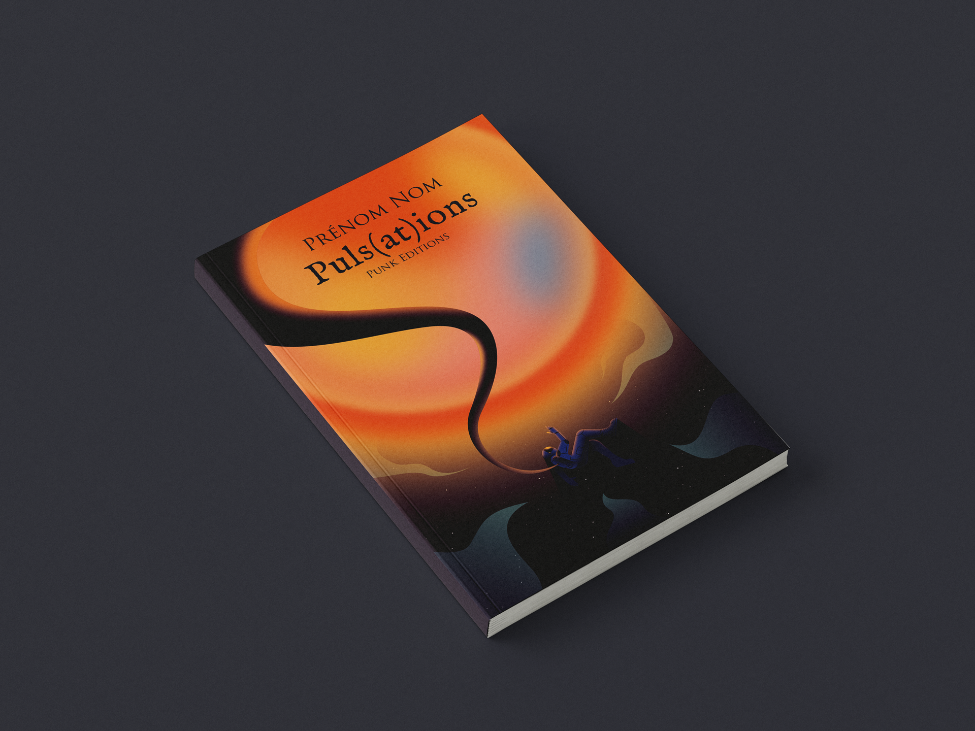 Mockup de livre donc la couverture représente un personnage dans l'espace avec en arrière fond une planet rouge qui pulse et donc le titre est "Puls(at)ions"