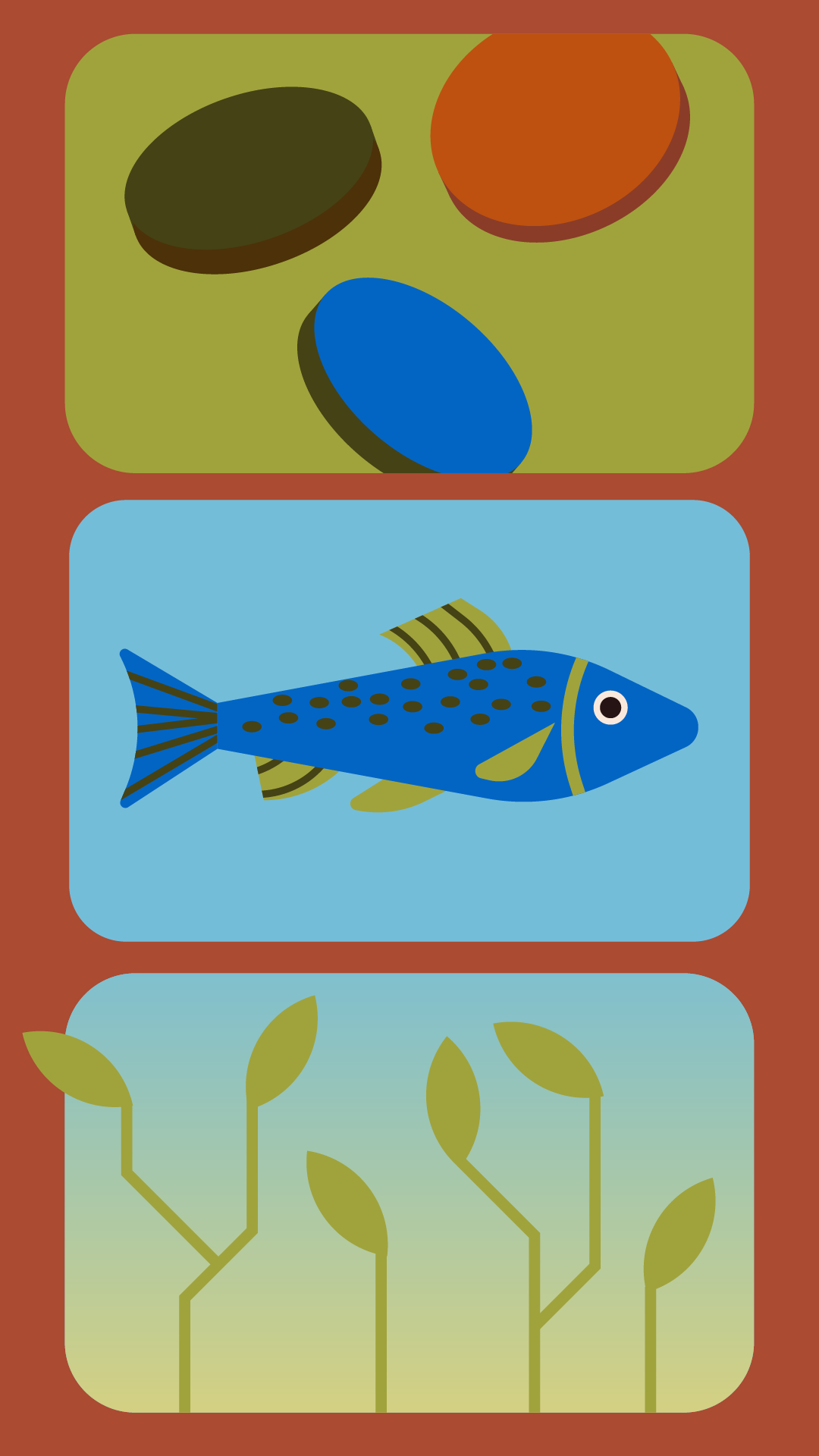 Illustration représentant 3 cases avec dans la première 3 pièces de monnaie colorées, ensuite un poisson bleu et pour finir des plantes qui poussent.