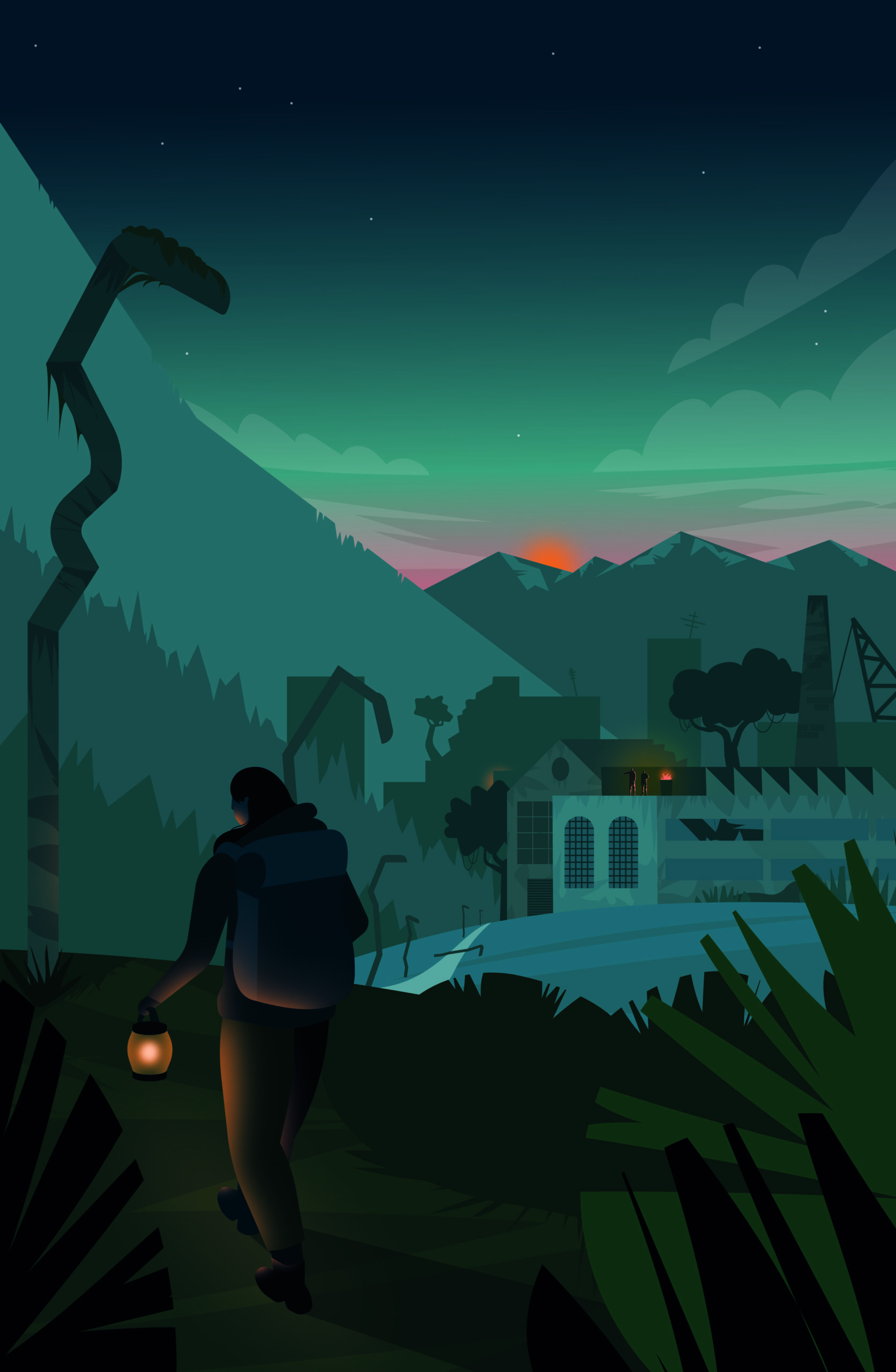 Illustration représentant un monde post-apocalyptique avec au premier plan un personnage qui tient une lanterne et marche sur une route et en arrière plan une ville dévastée et des personnages.