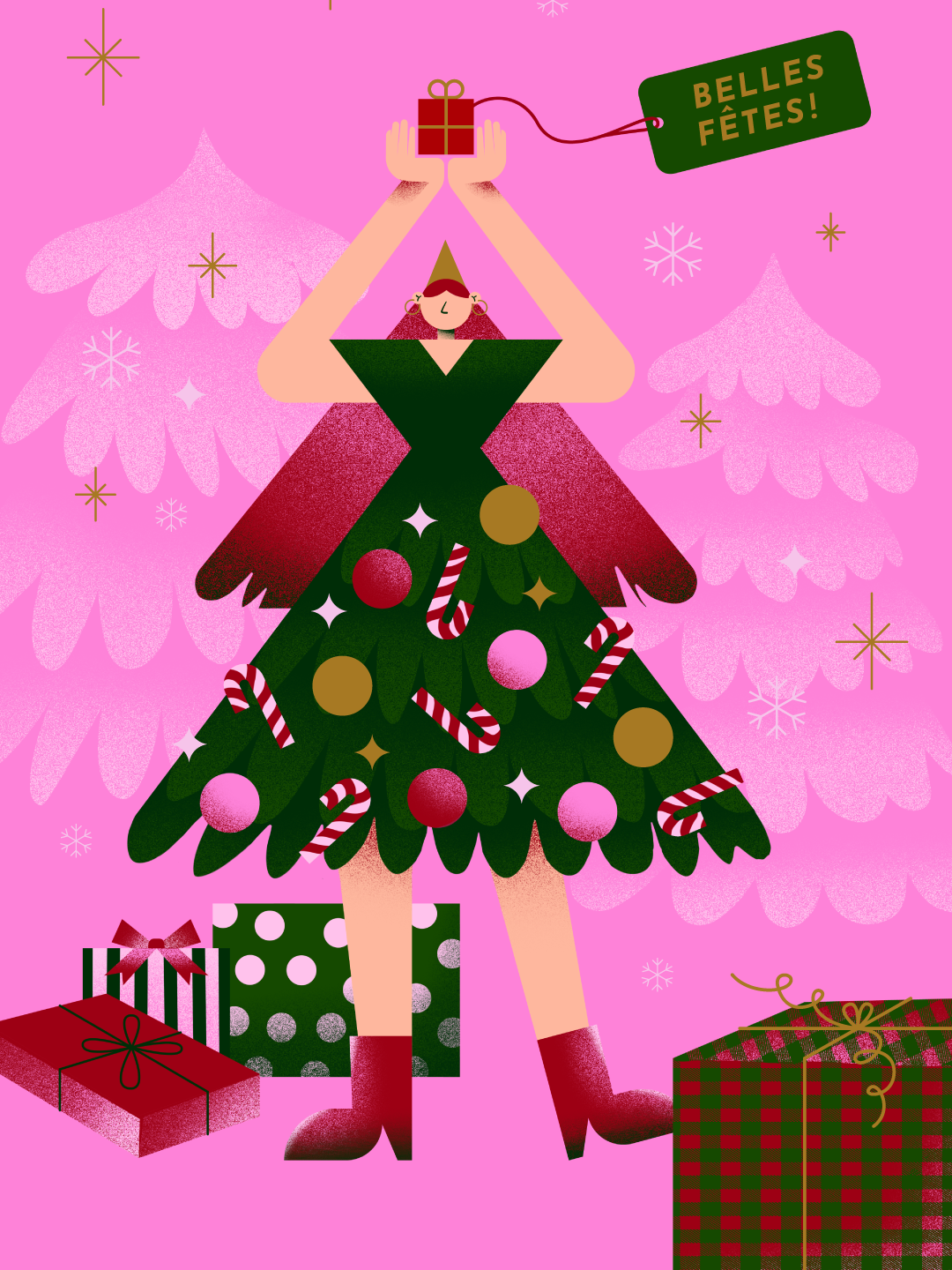 Illustration de Noël rose avec de la dorure