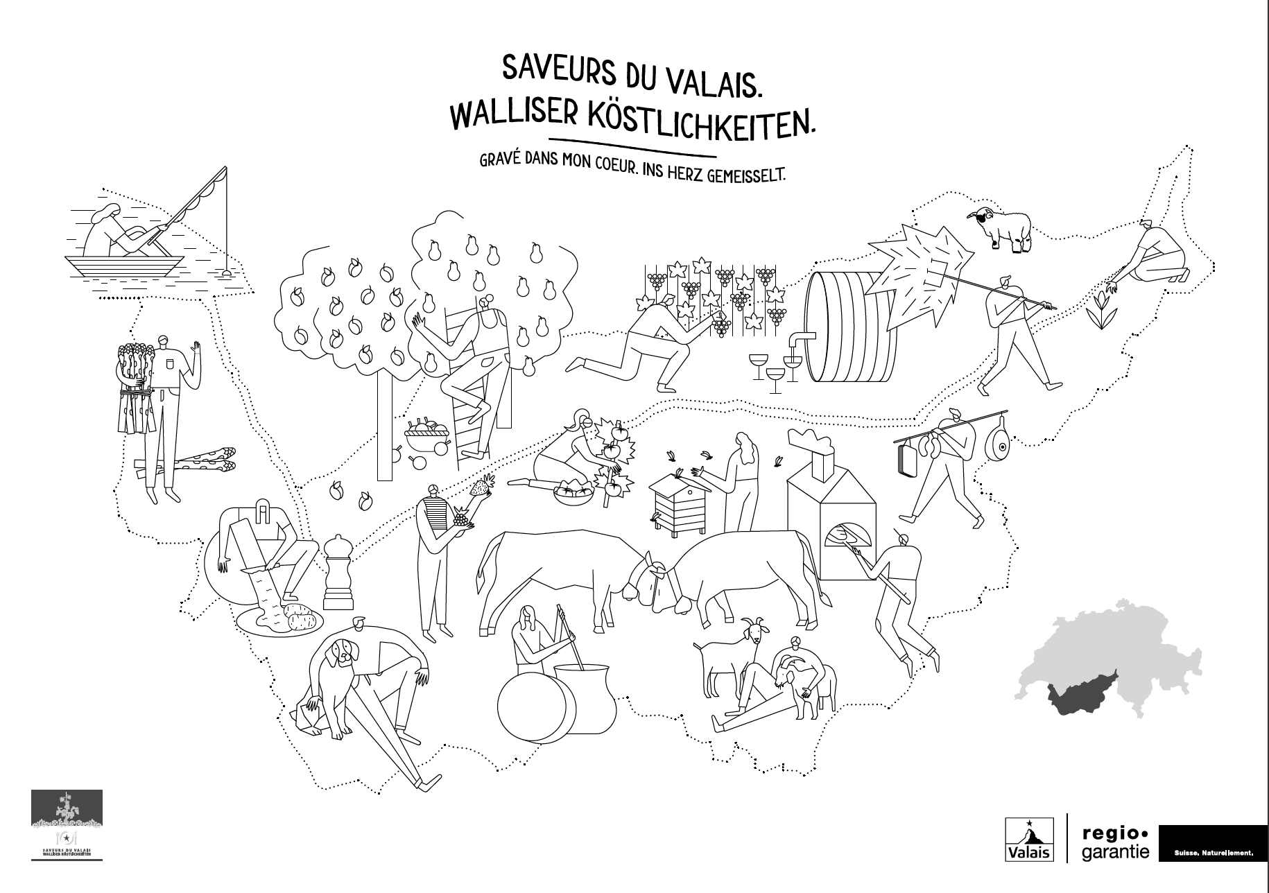 Illustration qui représente le canton du Valais et des personnages qui représente différentes saveurs du Valais: asperges, arbres fruitiers, raclette, vignes, etc.