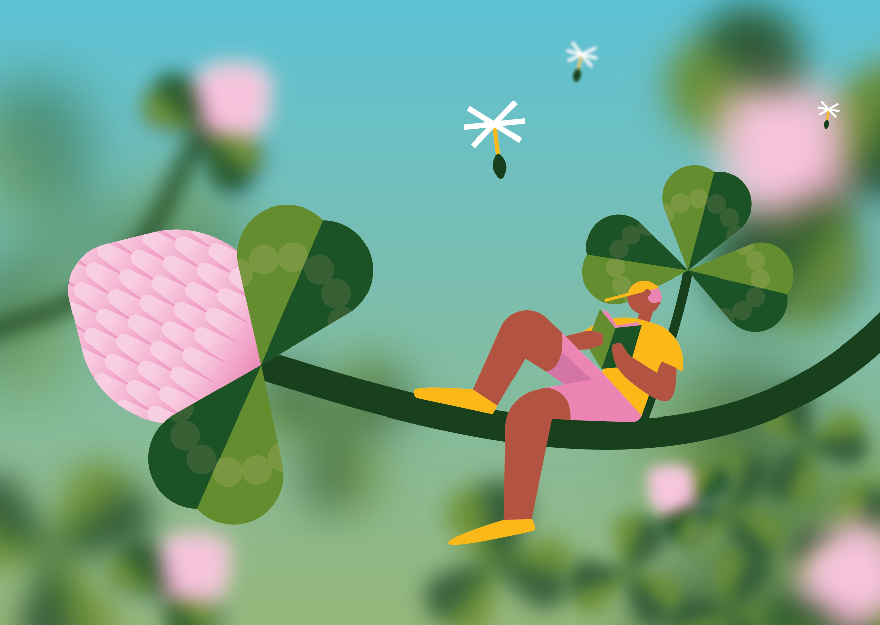 Illustration vectorielle représentant un personnage en train de lire sur une branche de trèfle