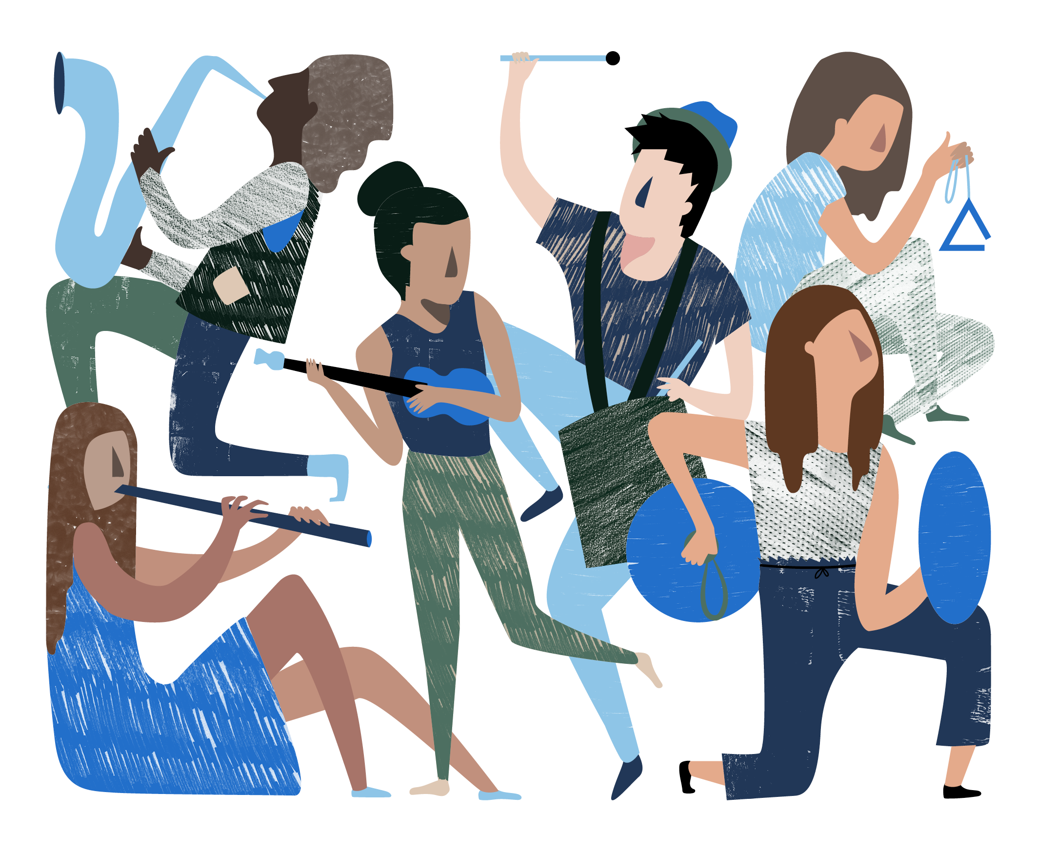 Illustration des concerts du coeur fribourgeois. Personnages habillés de bleu et vert qui joue à différents instruments de musiques.