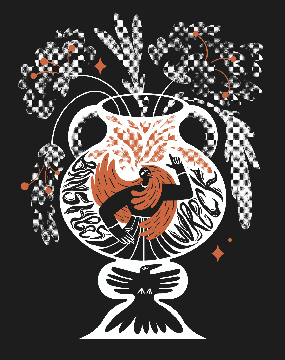 Illustration en noir, blanc et orange d'un vase é fleur avec un personnages qui chante et une écriture "Banshees's Wreck"