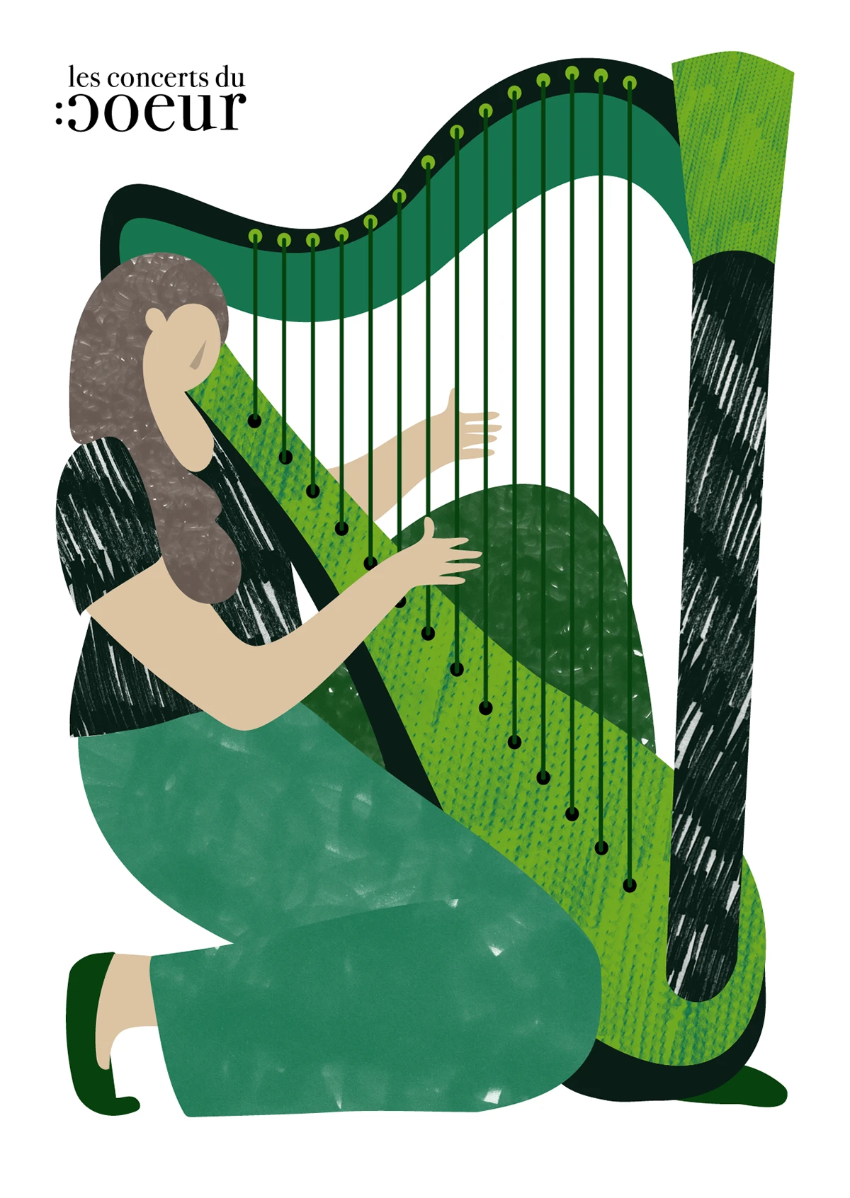 Illustration d'une harpiste habillée de vert