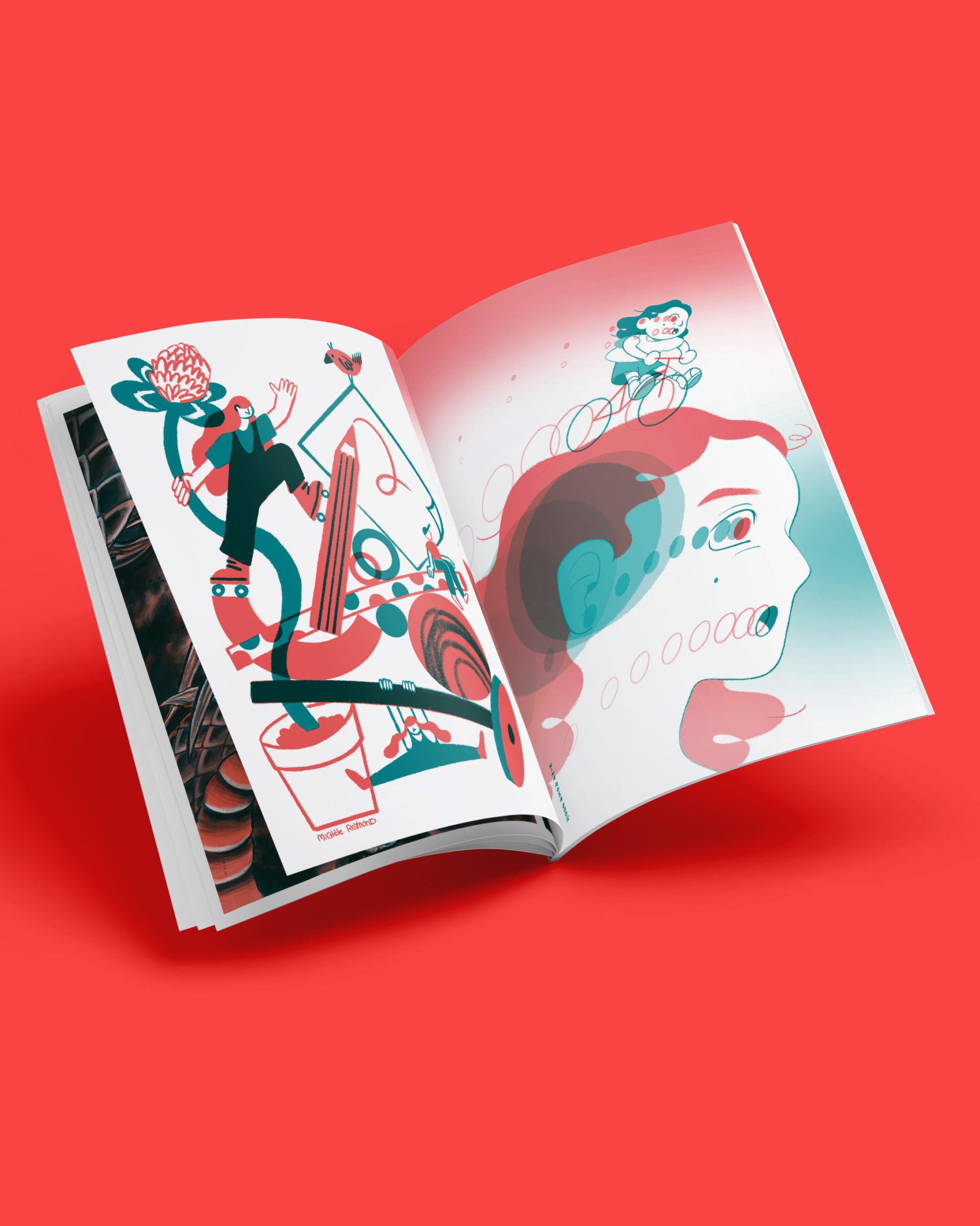 Photo d'un fanzine ouvert réalisé en risographie avec deux illustrations