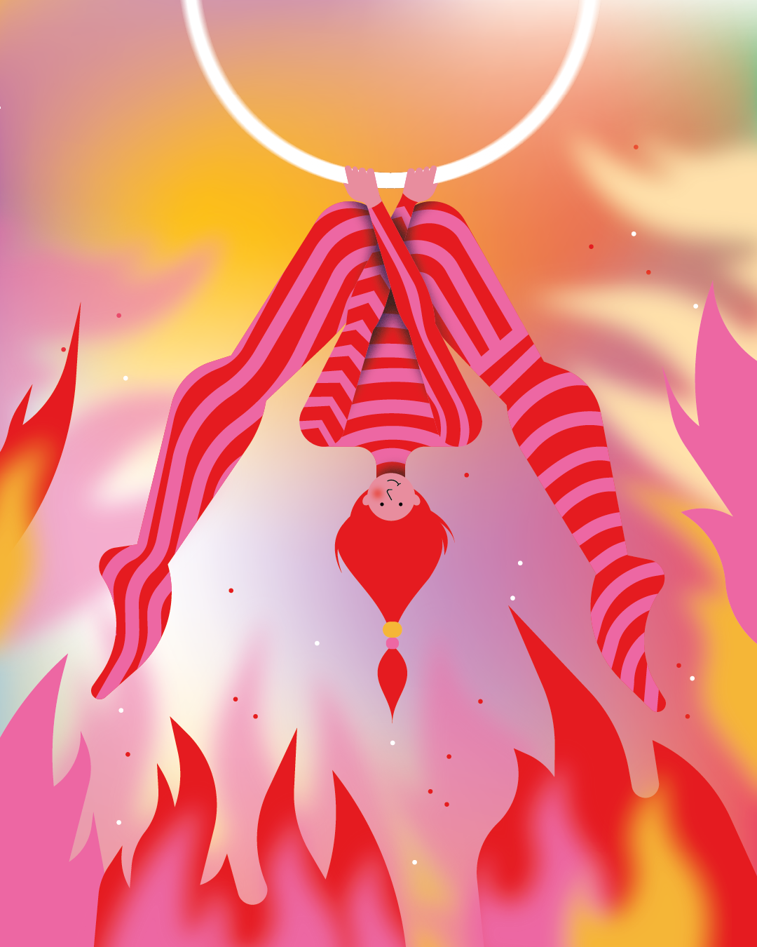 Illustration d'un personnage qui fait du cerceau aérien par dessus des flammes avec un costume rose en rouge rayé.