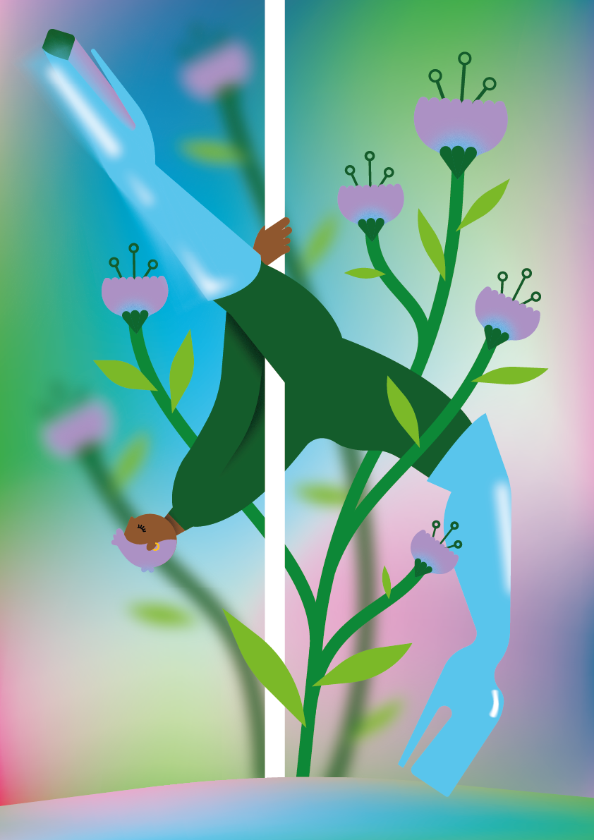 Illustration d'un personnage qui fait de la pole danse exotique avec des talons compensés bleus et entouré de fleures