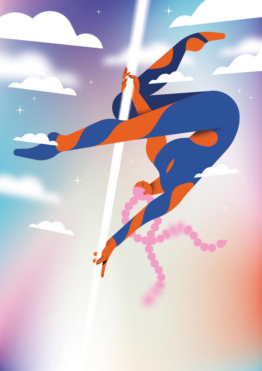 Illustration d'un personnage aux cheveux roses qui fait de la pole dance entourés de nuages.