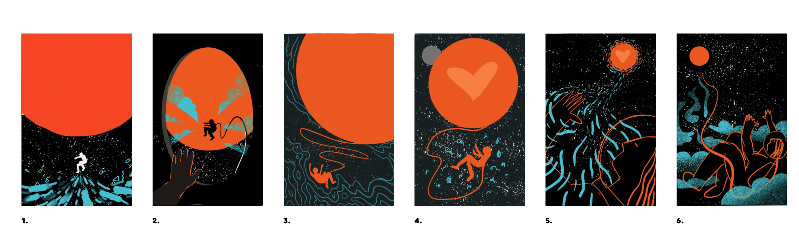6 croquis de couverture de livre représentant un astronaute dans l'espace avec une planète rouge en fond