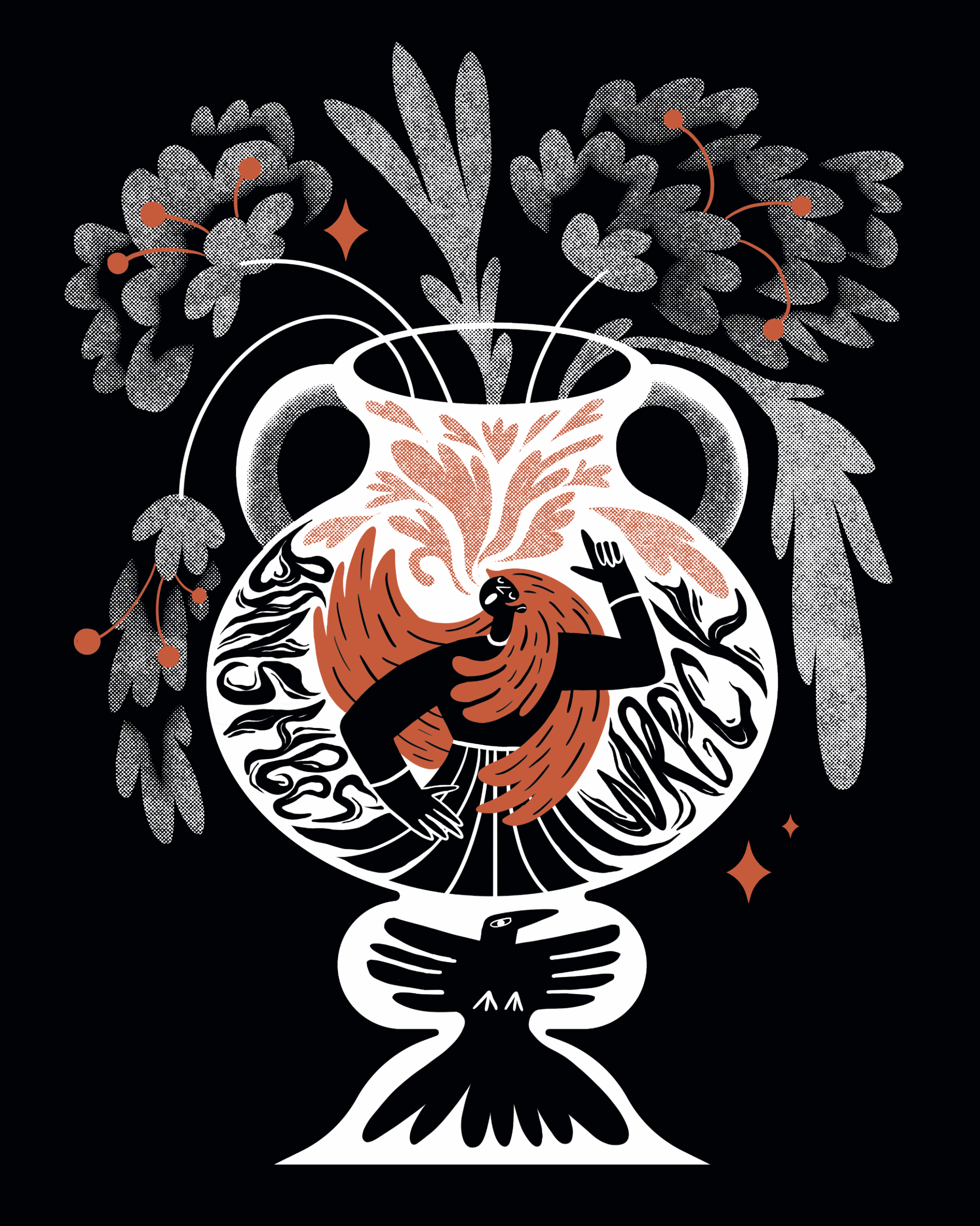 Illustration d'un personnage qui crie sur un vase avec des fleurs