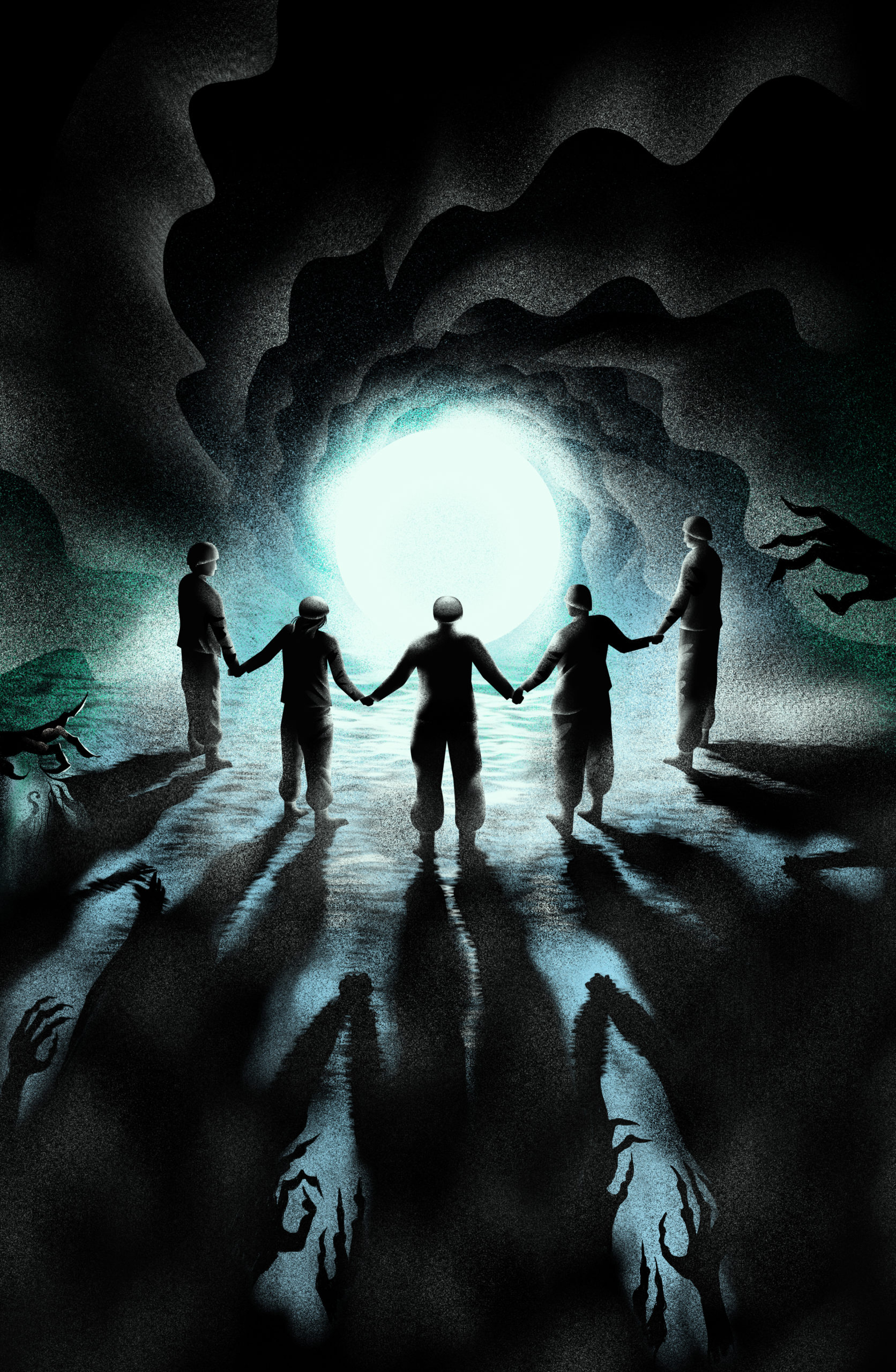 Une illustration représentant 5 personnes de dos se tenant la main devant un portail lumineux