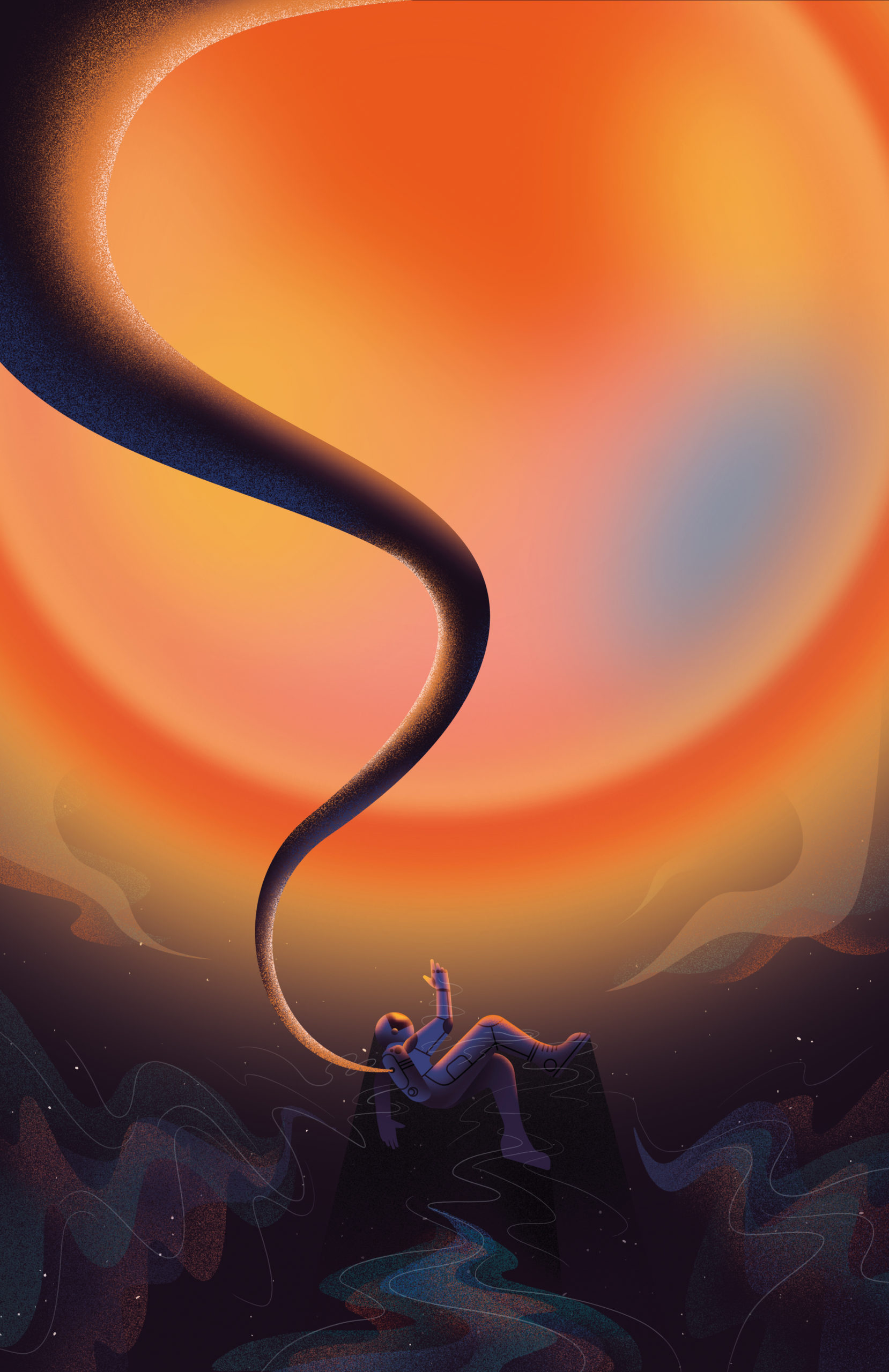 Illustration dans l'espace où on voit un astronaute relié à la station spaciale par un cordon d'oxygène et en arrière-plan une planète orange qui pusle