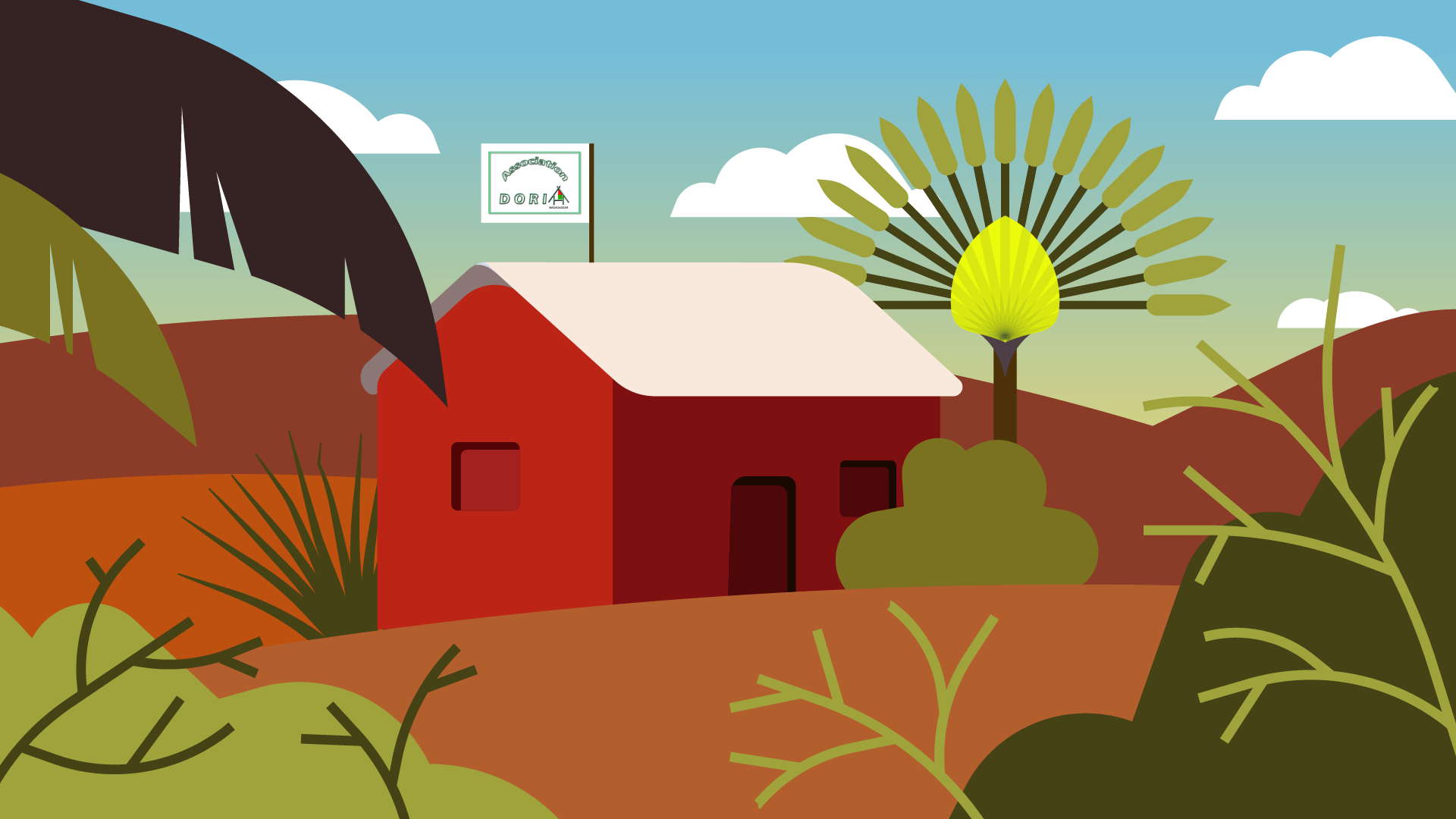 Illustration vectorielle d'une petite maison de paysan en terre rouge entouré de végétation