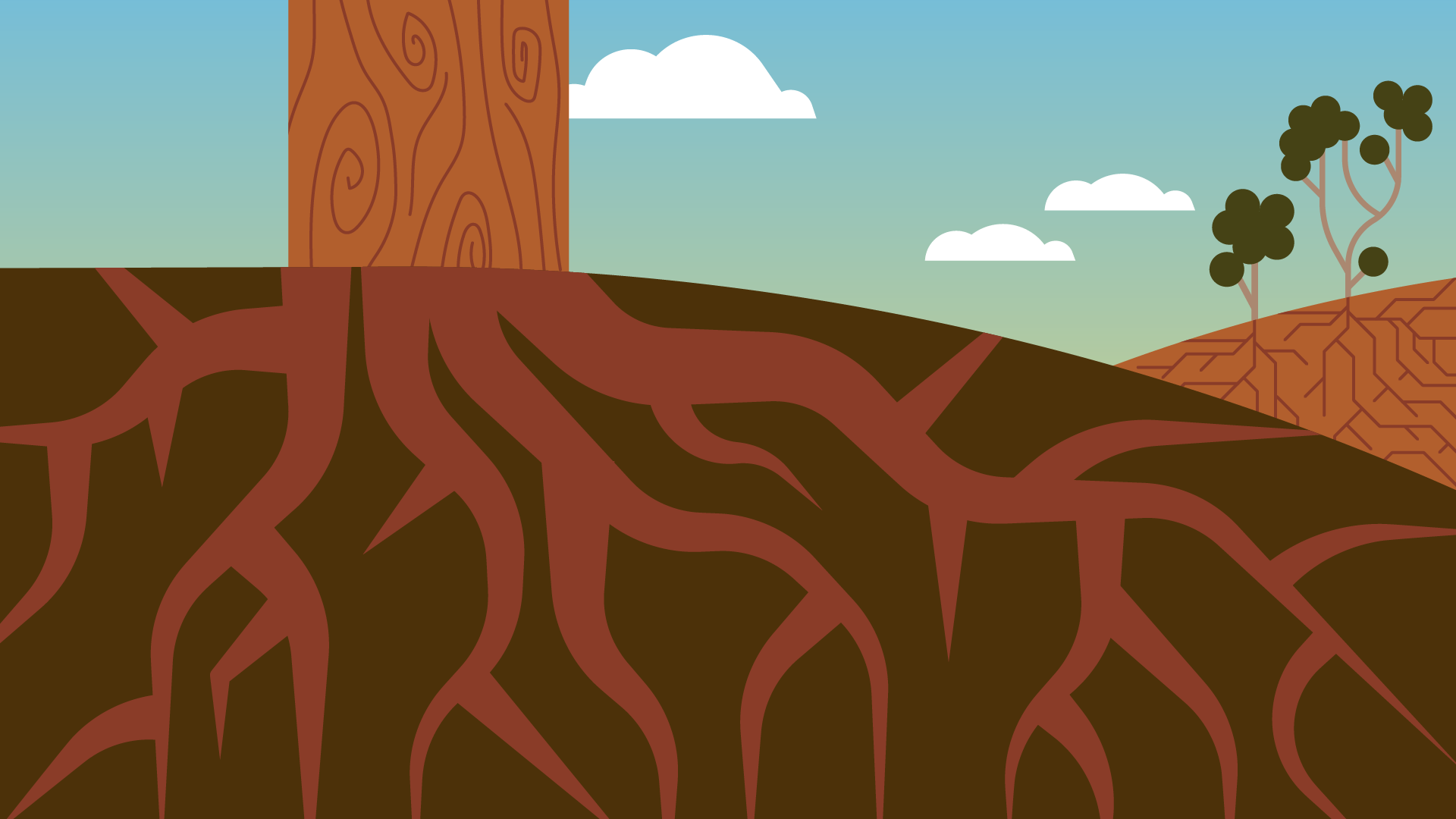 Illustration vectorielle d'un arbre et ces racines plantés dans la terre