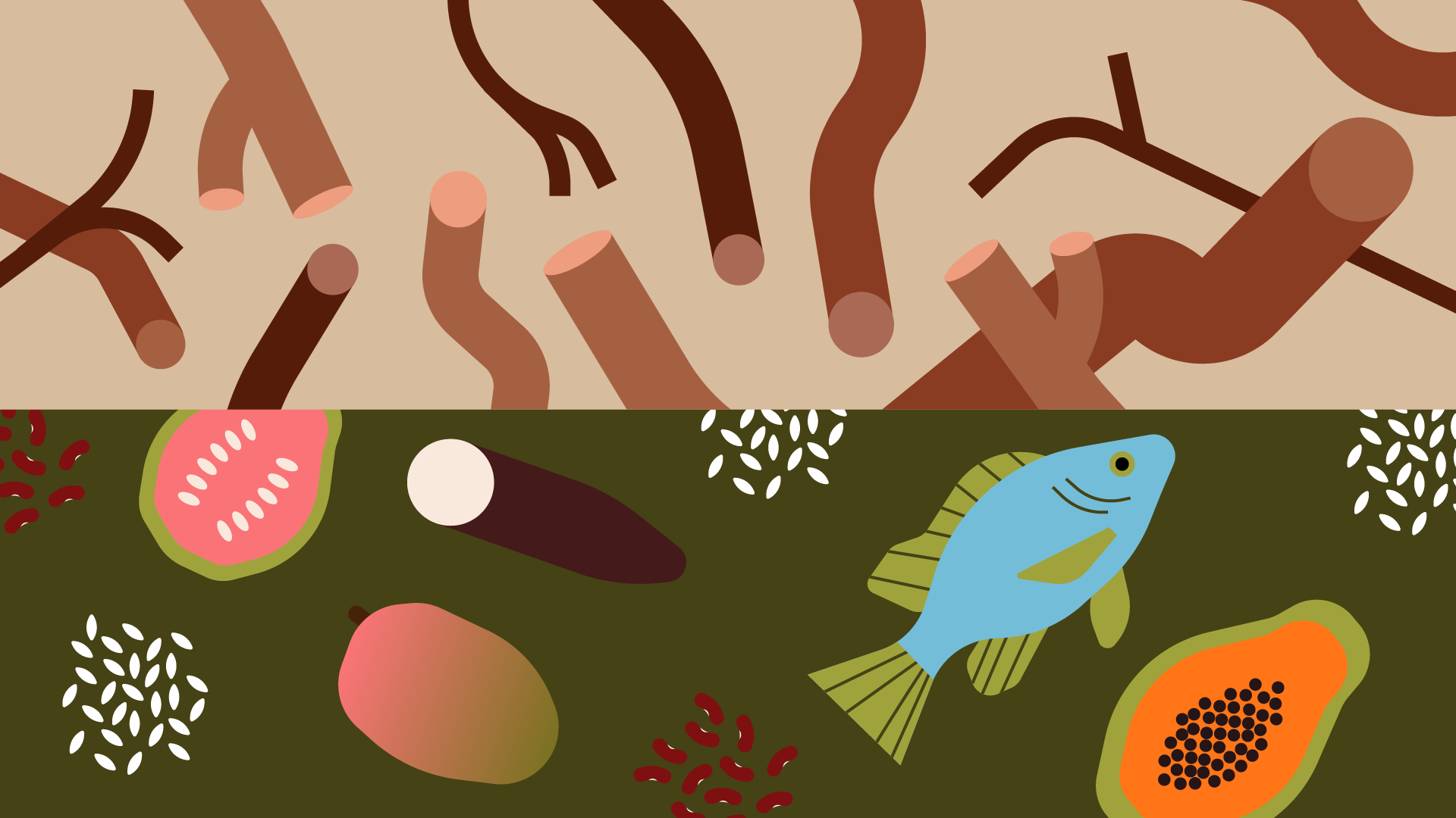 Illustration vectoriel en 2 partie avec en haut des morceaux de bois et en bas de la nourriture