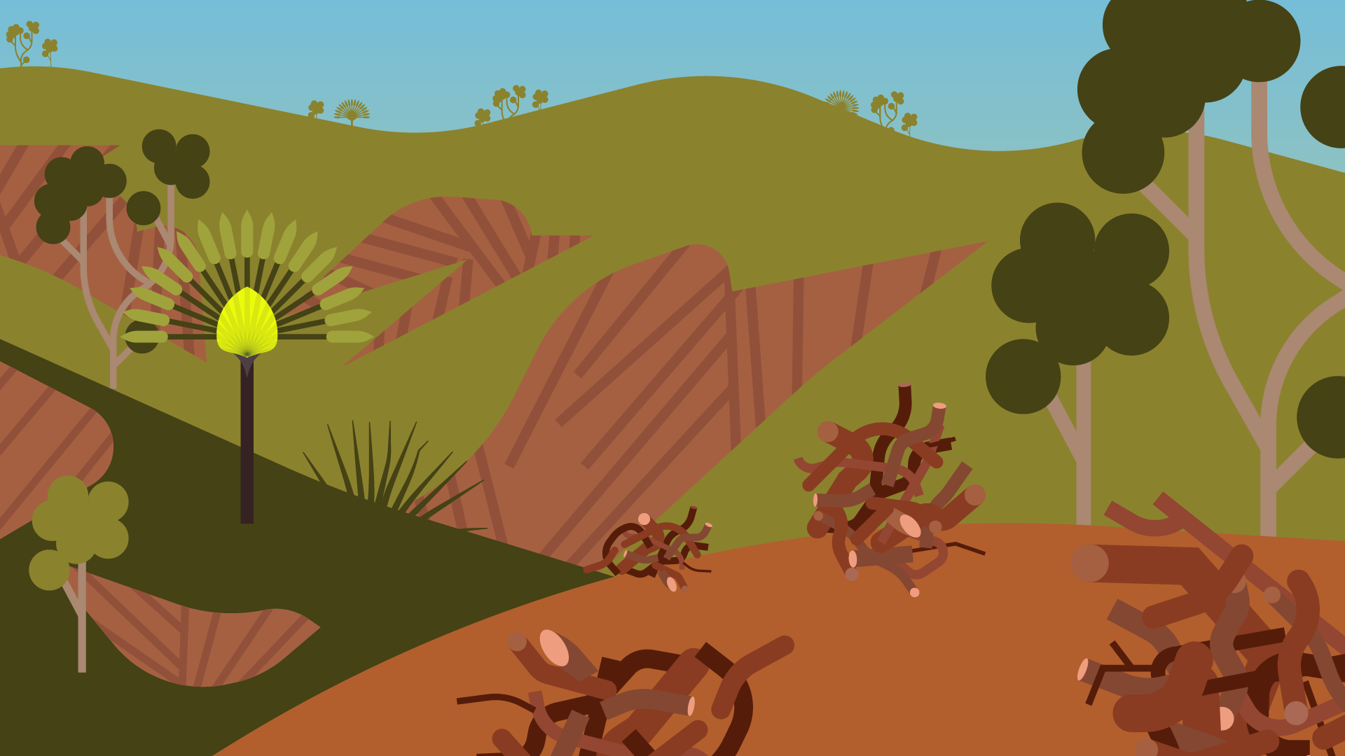 Illustration vectoriel d'un paysage à Madagascar où on voit des tas de bois et des arbres