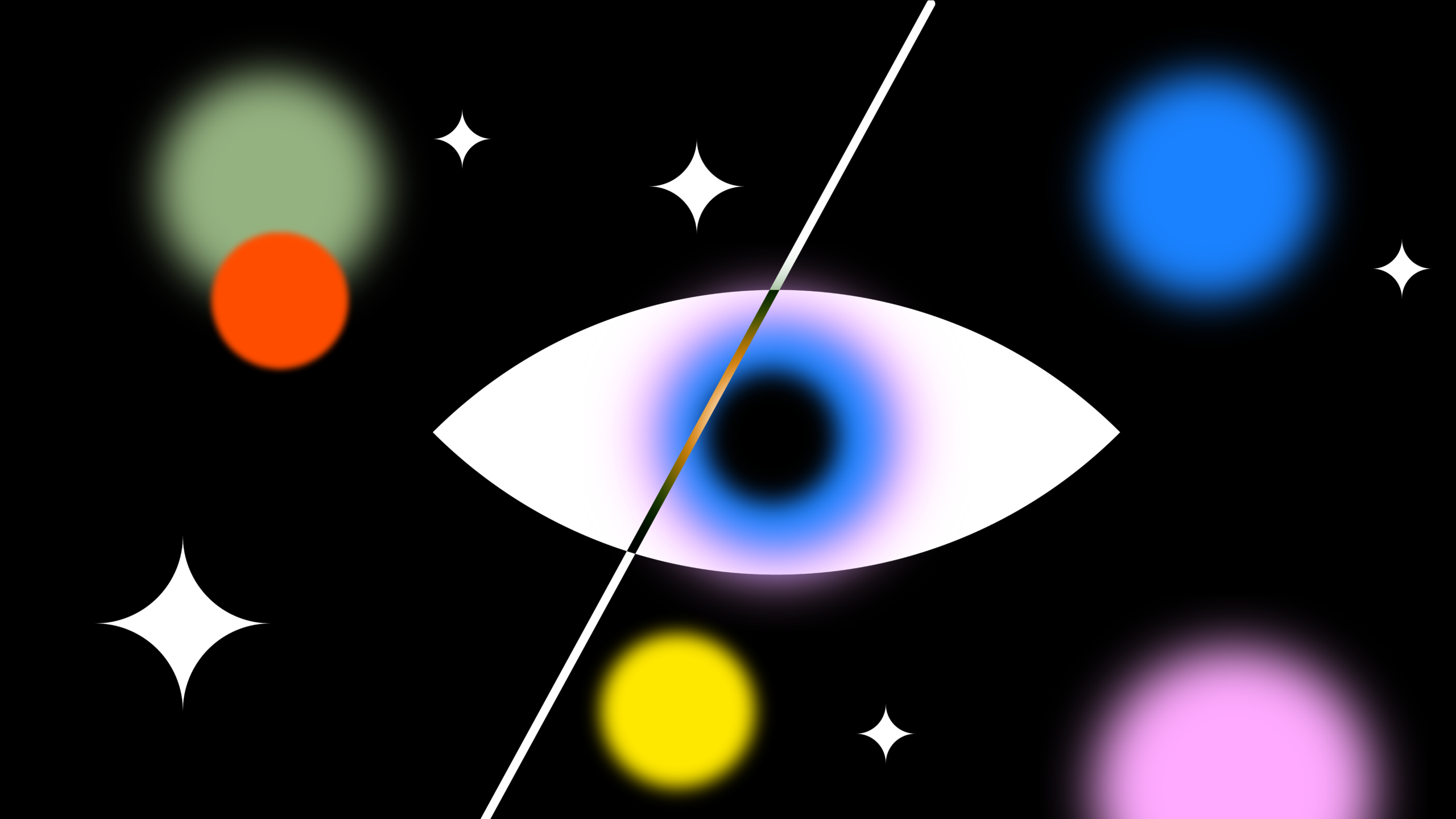 Illustration d'un oeil entouré de formes colorées et d'étoiles