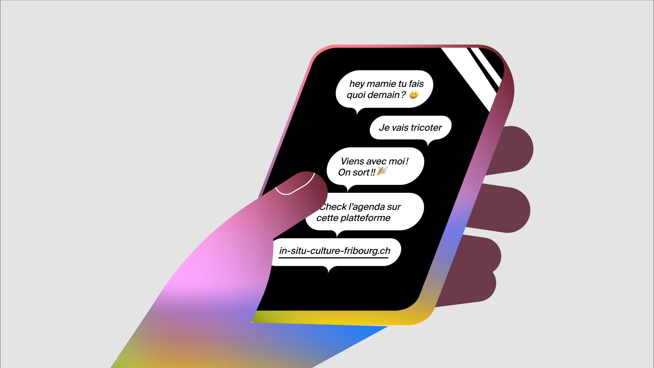 Illustration d'une main qui tient un téléphone. Sur l'écran on y voit des messages